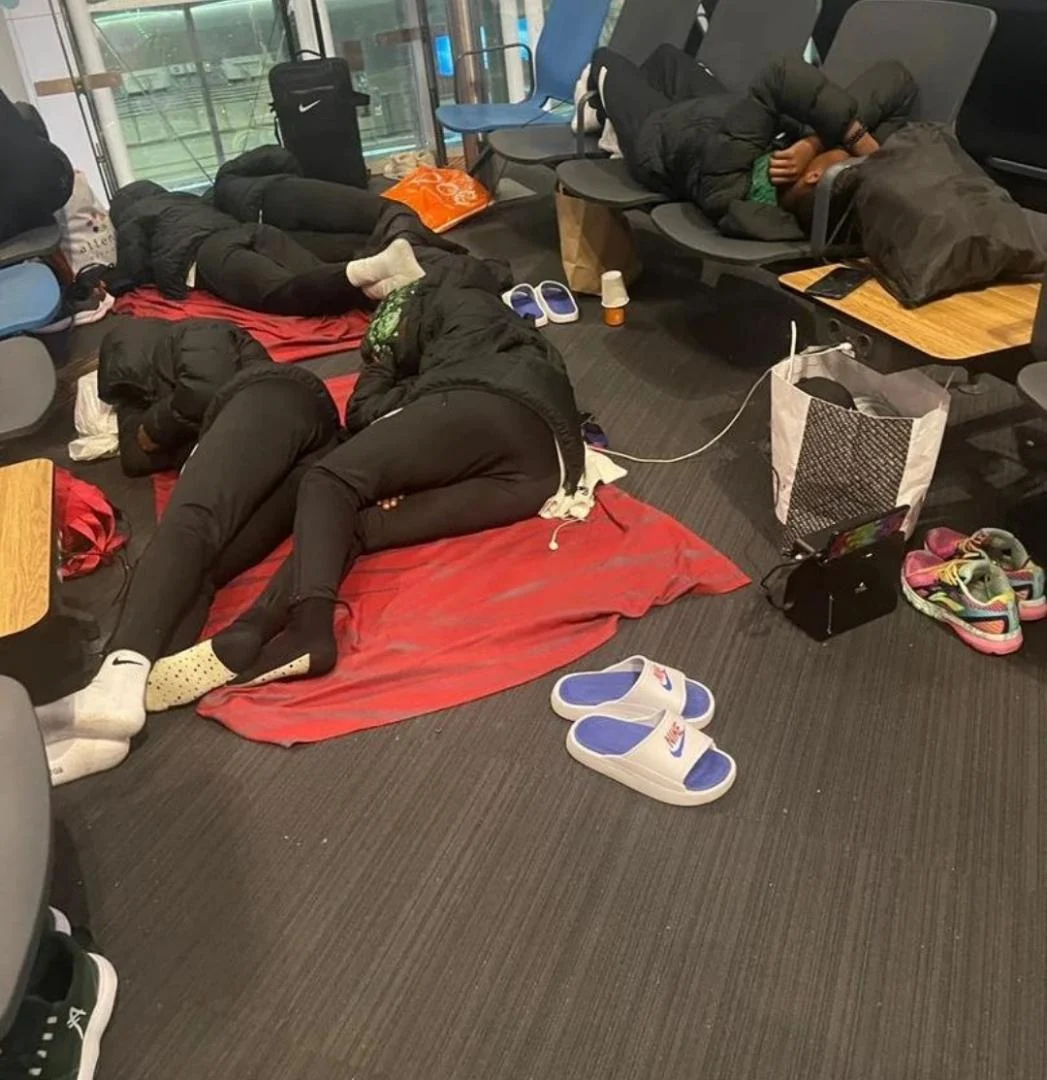 Falconets sleep on chairs, floor at Turkish airport