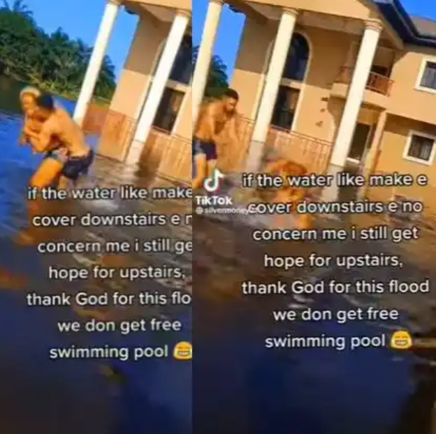 Thank God For This Flood, Free Swimming Pool – Man Swims In His Flooded Compound