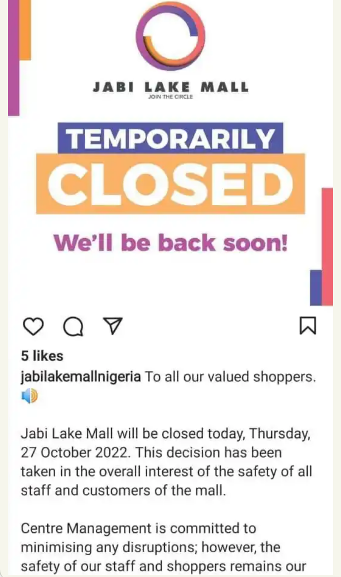 Jabi Lake Mall Temporarily Closed