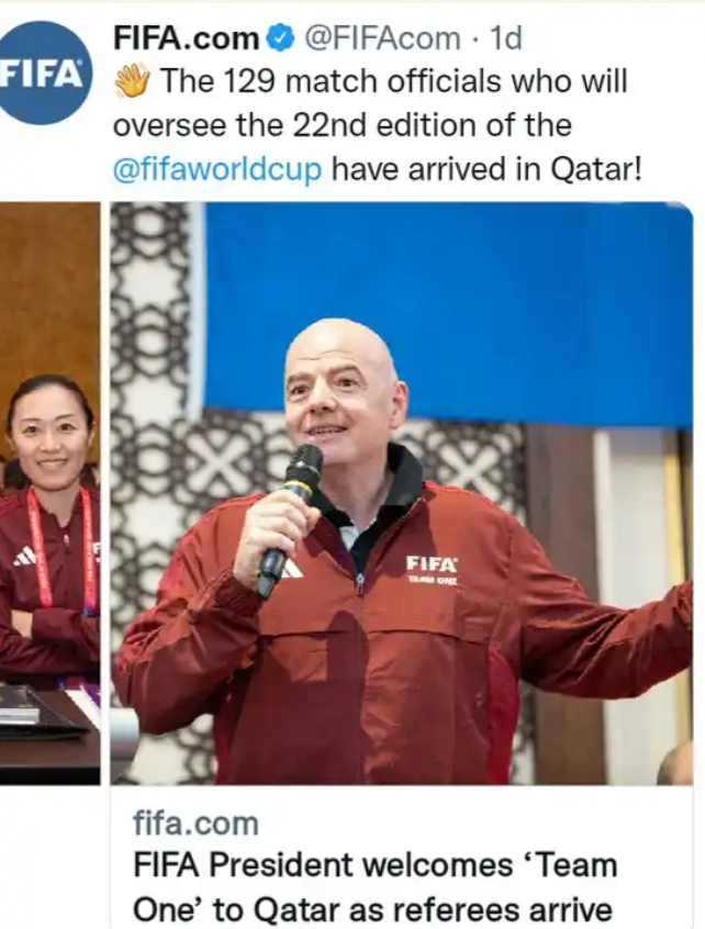 FIFA President Welcomes ‘Team One’ To Qatar As Referees Arrive