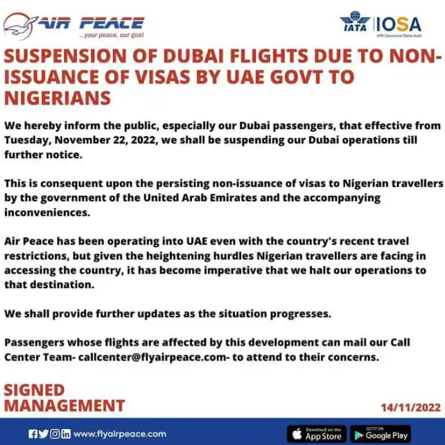 Air Peace Suspends Dubai Flights Over Visa Ban On Nigerians