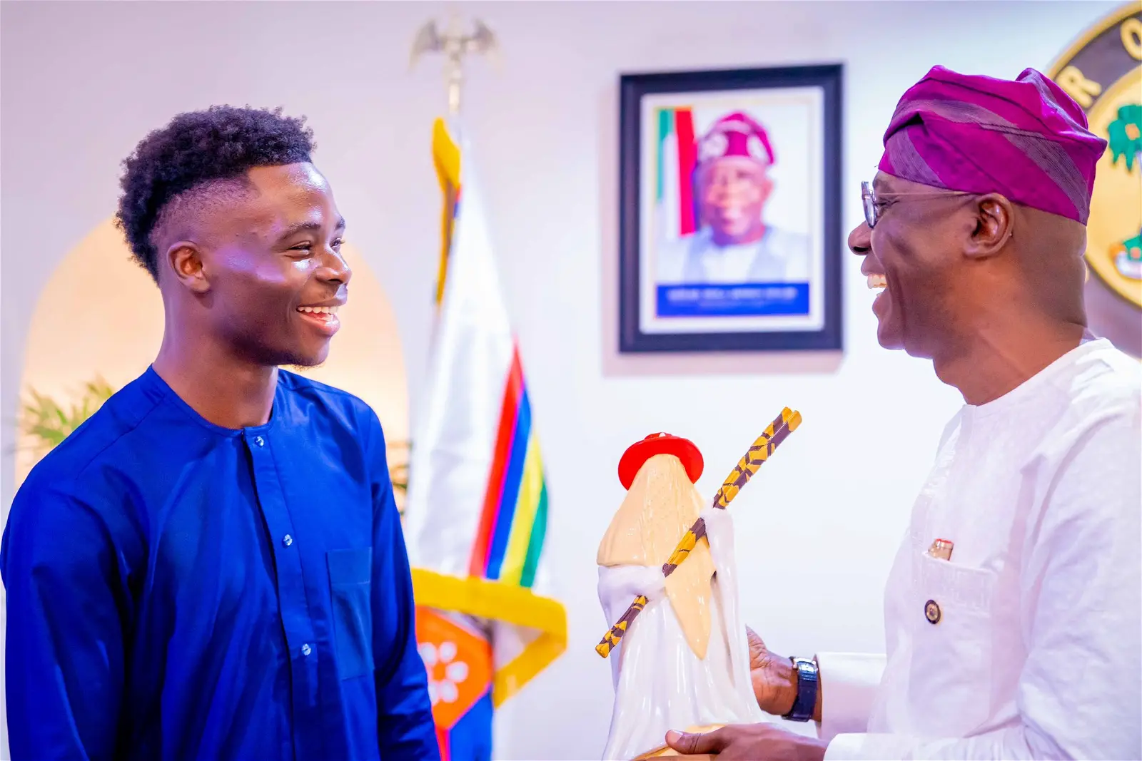 Arsenal’s Bukayo Saka reacts after meeting Sanwo-Olu