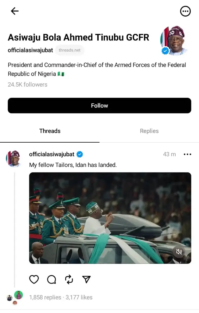 Idan has landed’ – Tinubu joins Meta social media platform, Threads