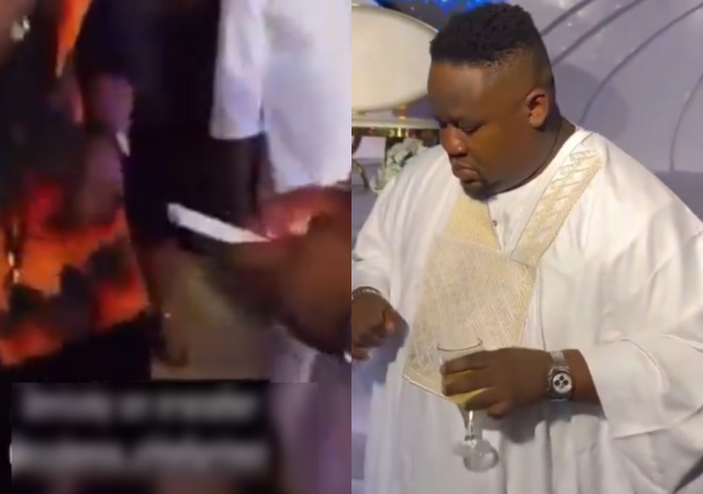 Naira Abuse: Cubana Chief Flaunts Agbada Worth N5M At An Event, Caught Making Transfer At A Instead Of Spraying Naira Notes