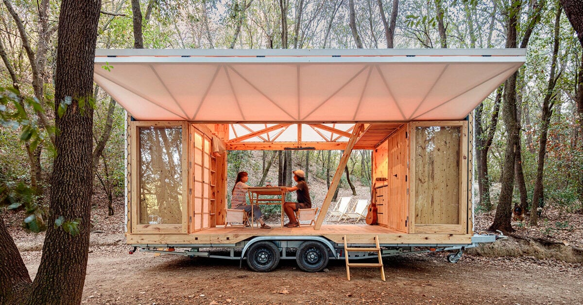 Self-sufficient mobile home made of dowel-laminated timber rides on wheels