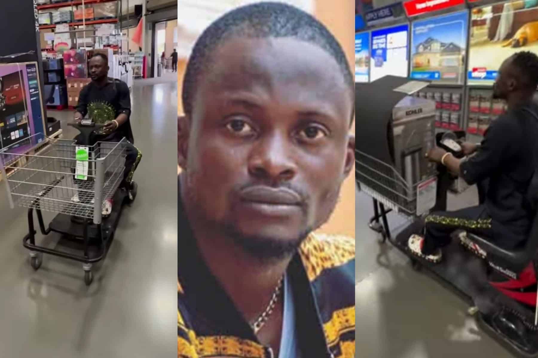 “Life is more comfortable out here” – Actor Jigan Babaoja declares as he shops around in an electric cart in the US; bids Nigeria farewell (Video)