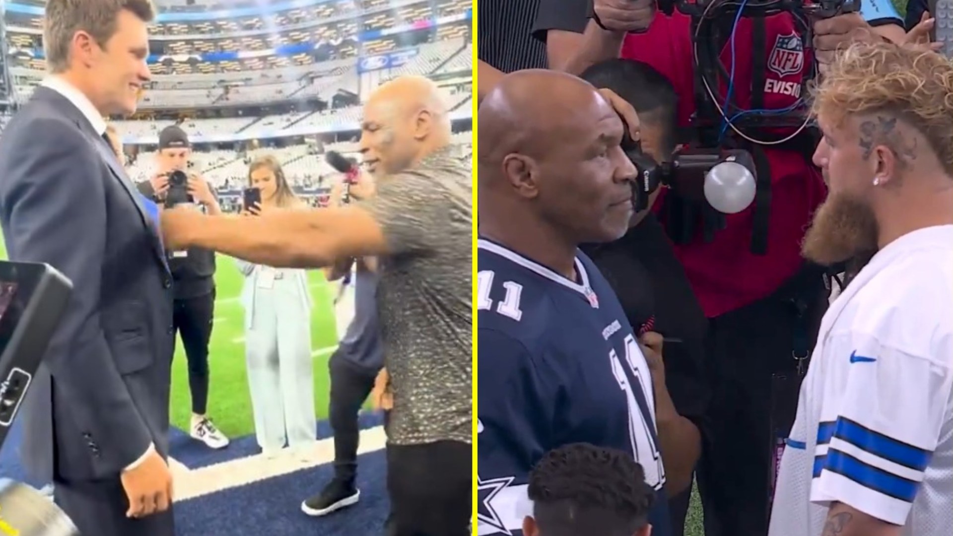 ‘Are you scared?’ – Mike Tyson playfully jabs Tom Brady at Cowboys game before squaring off with Jake Paul