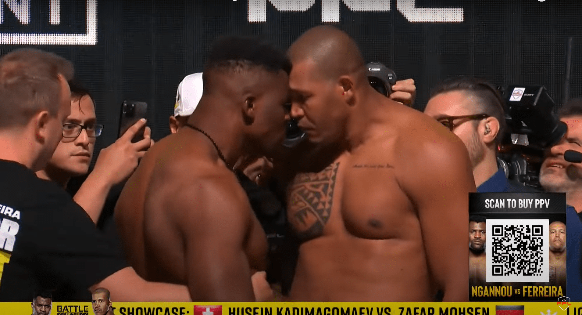 Francis Ngannou dwarfed by 6ft 8in giant as they butt heads after weighing in at monstrous 500lbs combined weight for PFL heavyweight title fight