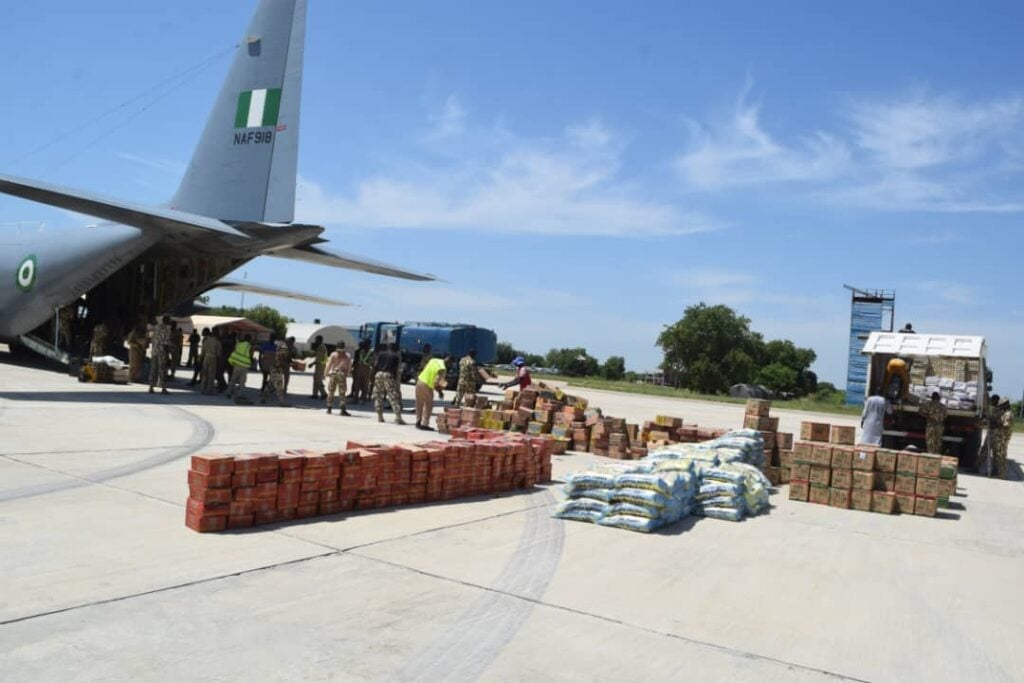 NAF airlifts First Lady’s relief materials to Borno flood victims