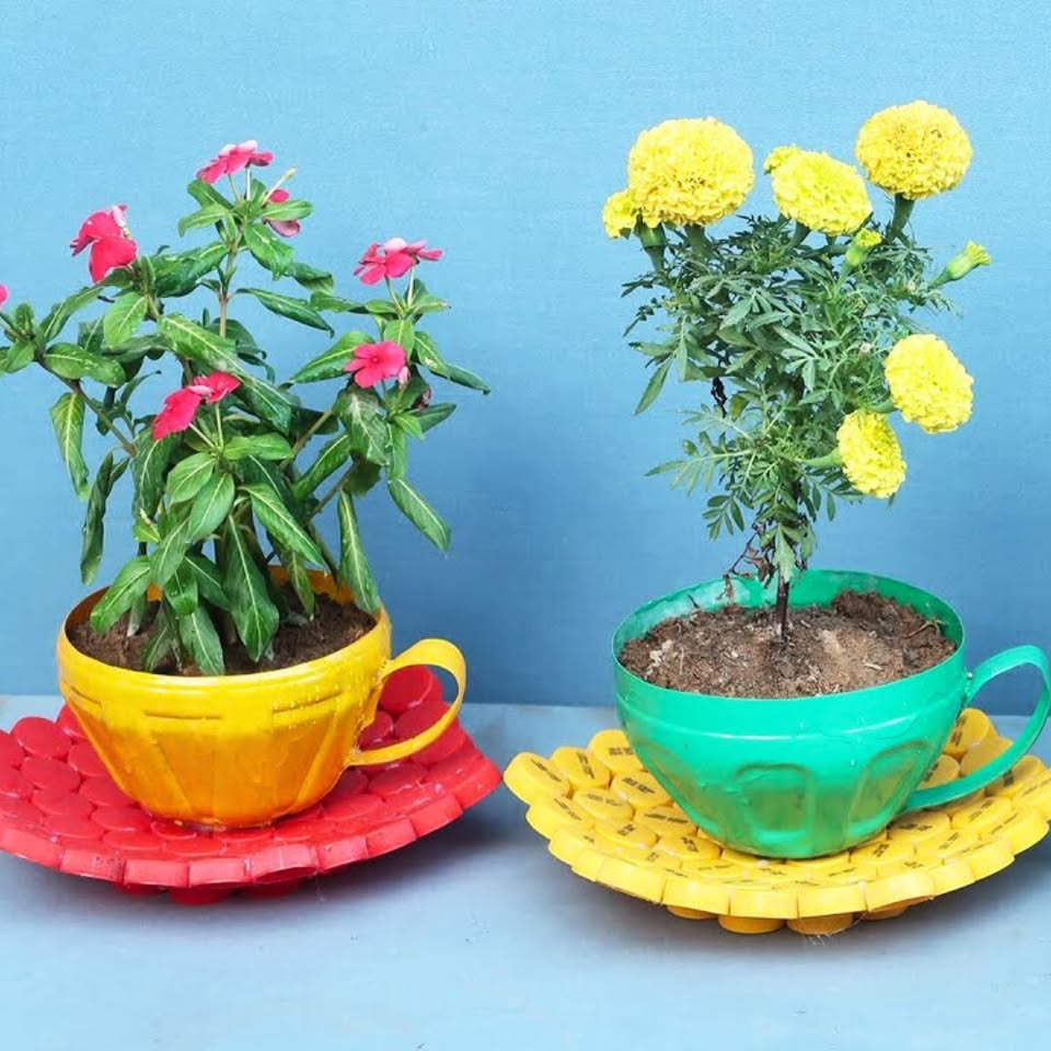 Transform Plastic Bottles and Caps into a Unique Tea Cup-Styled Plant Pot