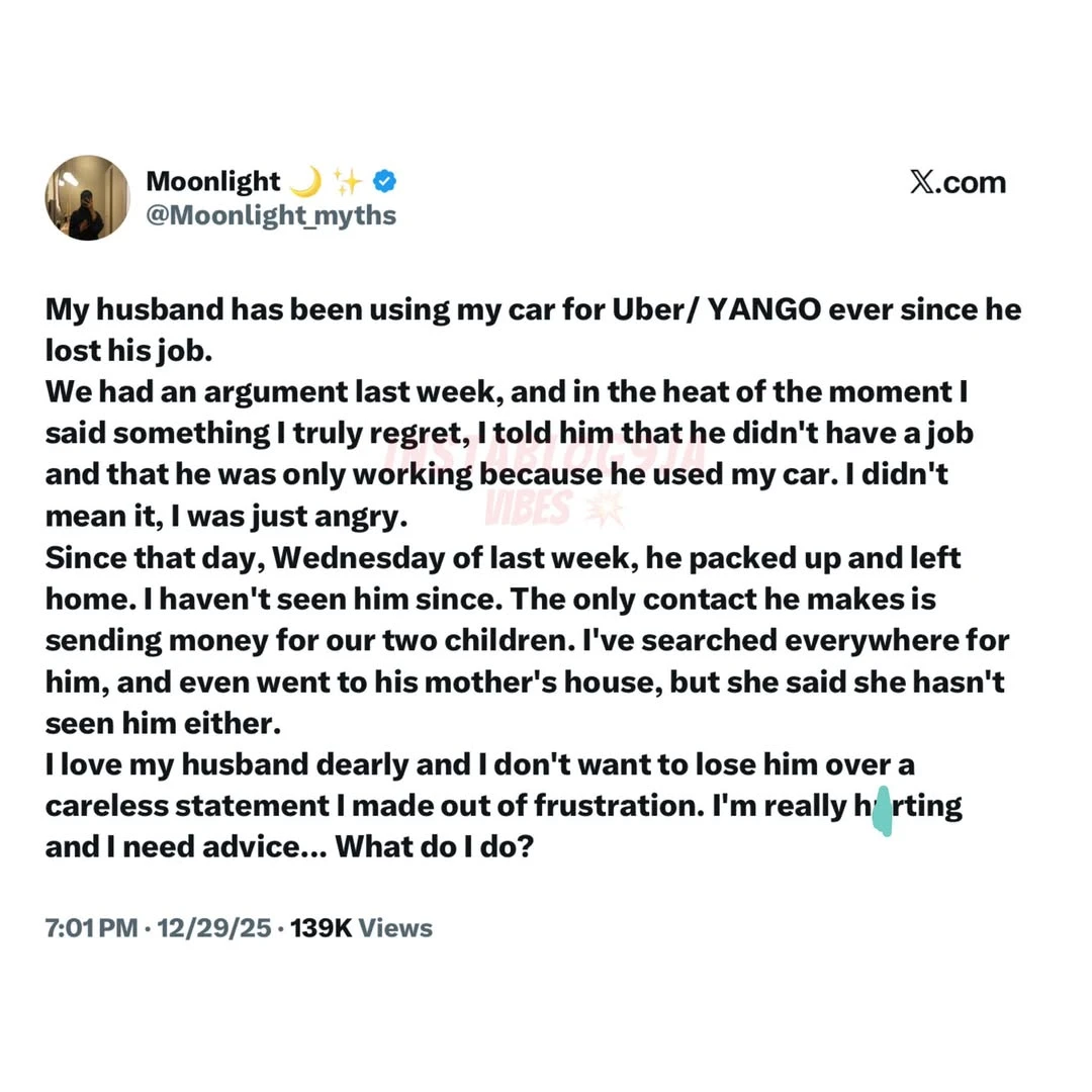 Wife seeks advice after her husband reportedly left home following a heated argu