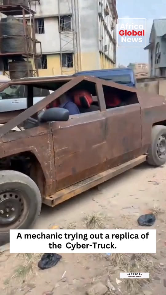 A mechanic takes a replica of the Cybertruck out for a test run, putting hands o