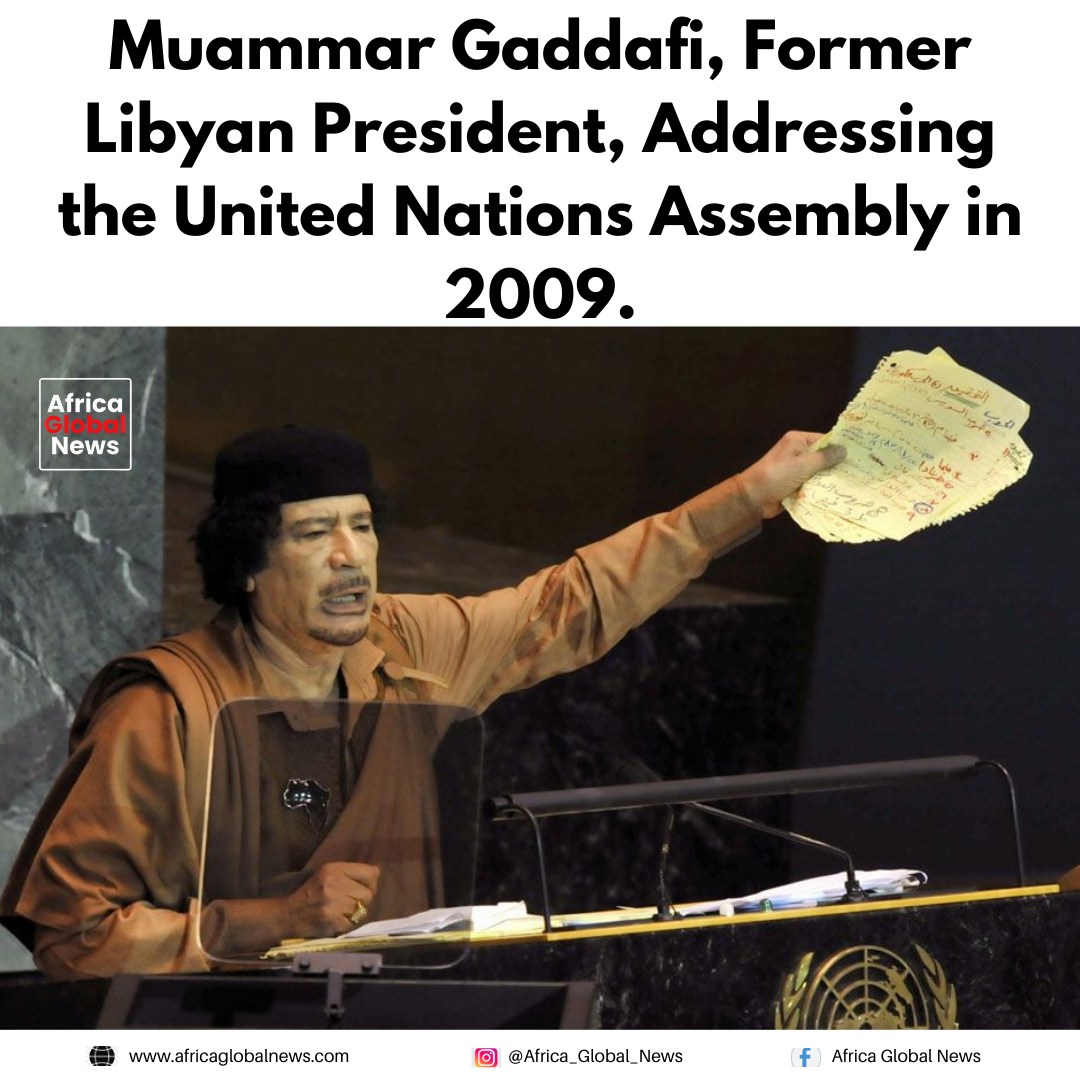 Muammar Gaddafi addresses the United Nations General Assembly in 2009, deliverin