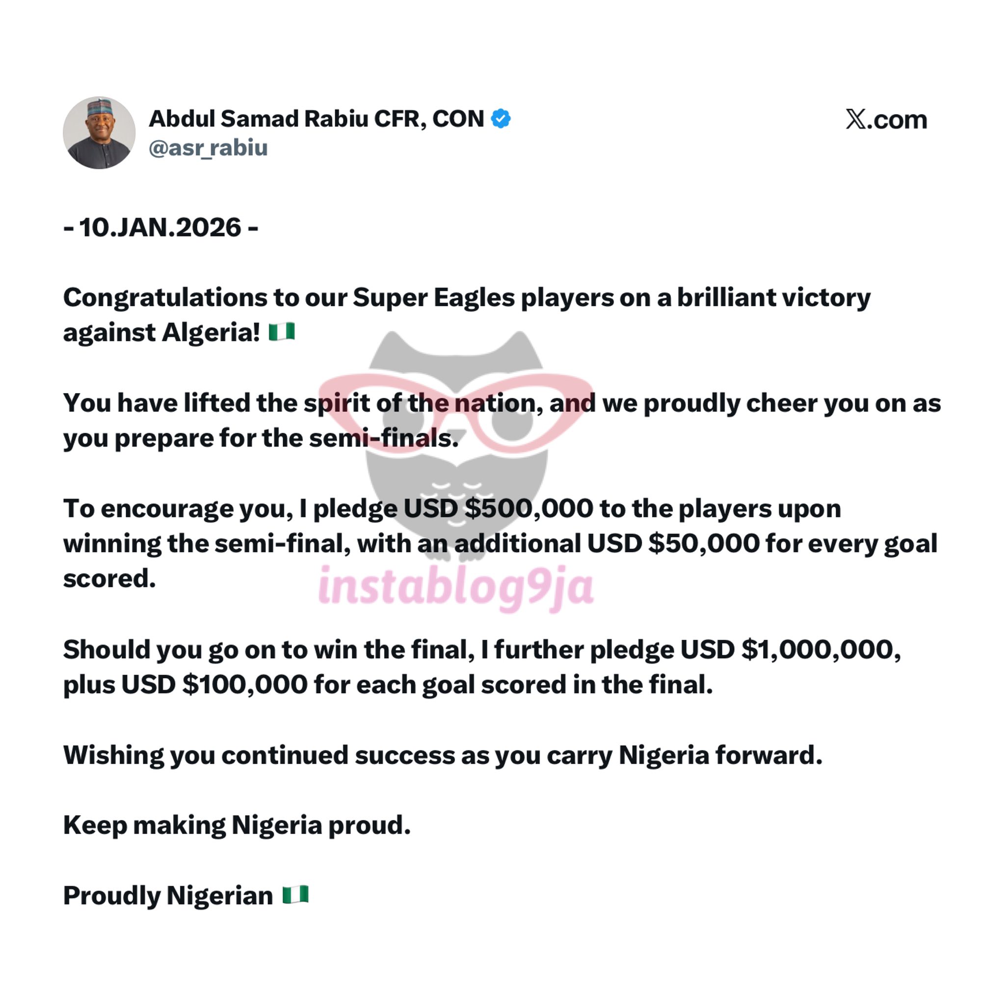 Billionaire Businessman Abdul Samad Rabiu congratulates the Super Eagles as he p