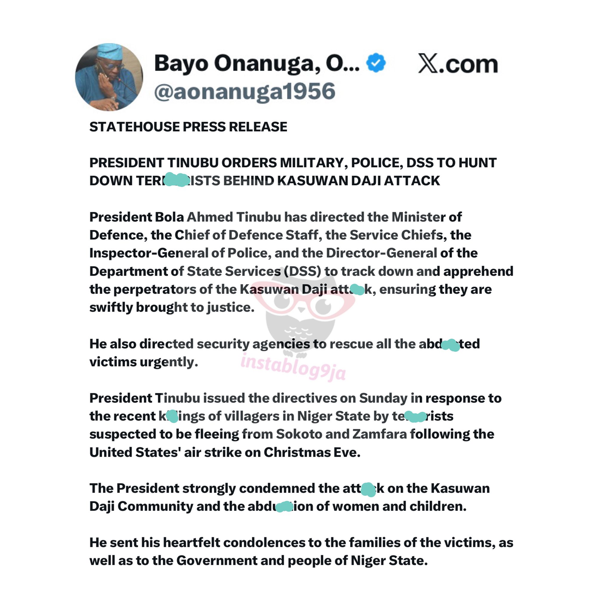 President Tinubu Directs Security Forces to Track Down Perpetrators of Kasuwan D