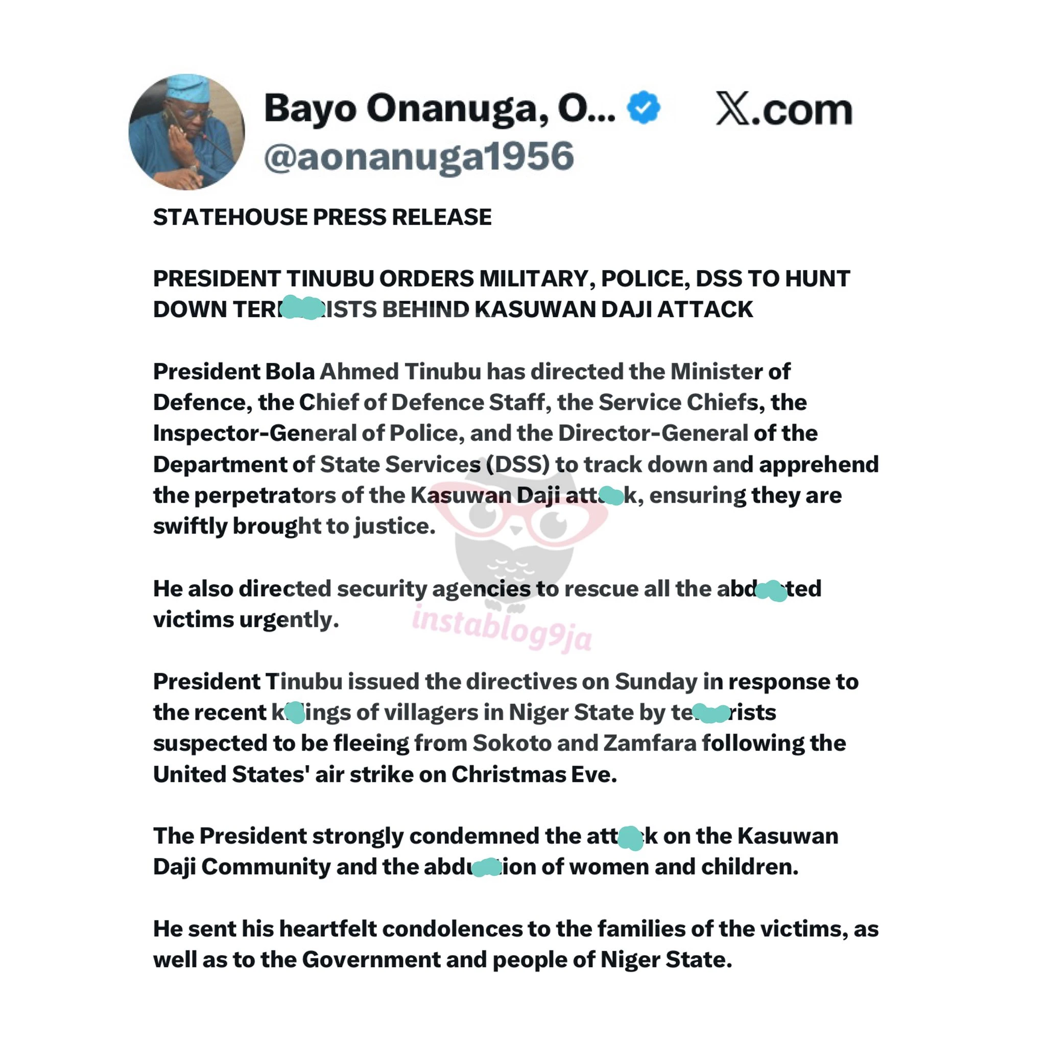 President Tinubu Directs Security Forces to Track Down Perpetrators of Kasuwan D