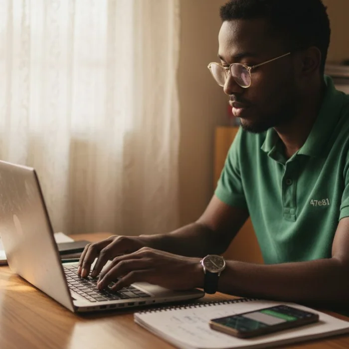 Nigerian blogger typing at cluttered home table