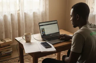 Young Nigerian browsing laptop at home workspace