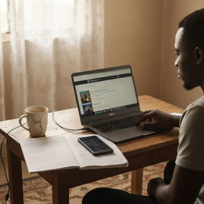 Young Nigerian browsing laptop at home workspace