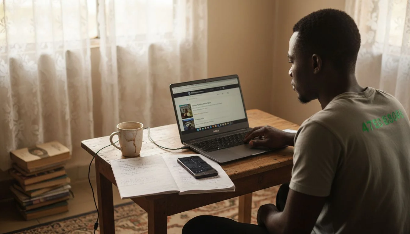 Young Nigerian browsing laptop at home workspace
