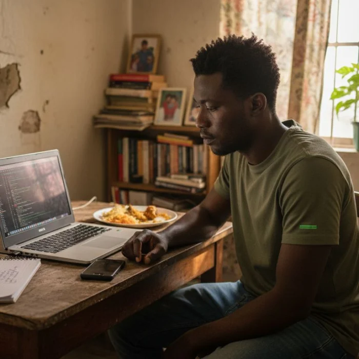 Nigerian entrepreneur working on online business at home