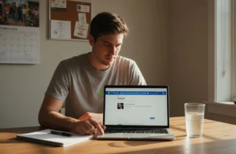 Man starting online forum discussion at kitchen table