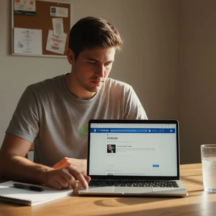 Man starting online forum discussion at kitchen table