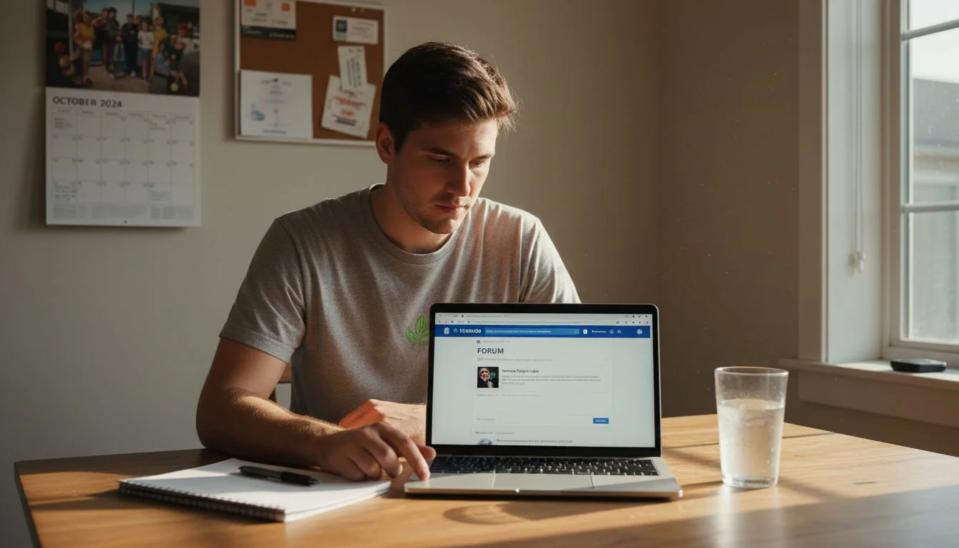 Man starting online forum discussion at kitchen table