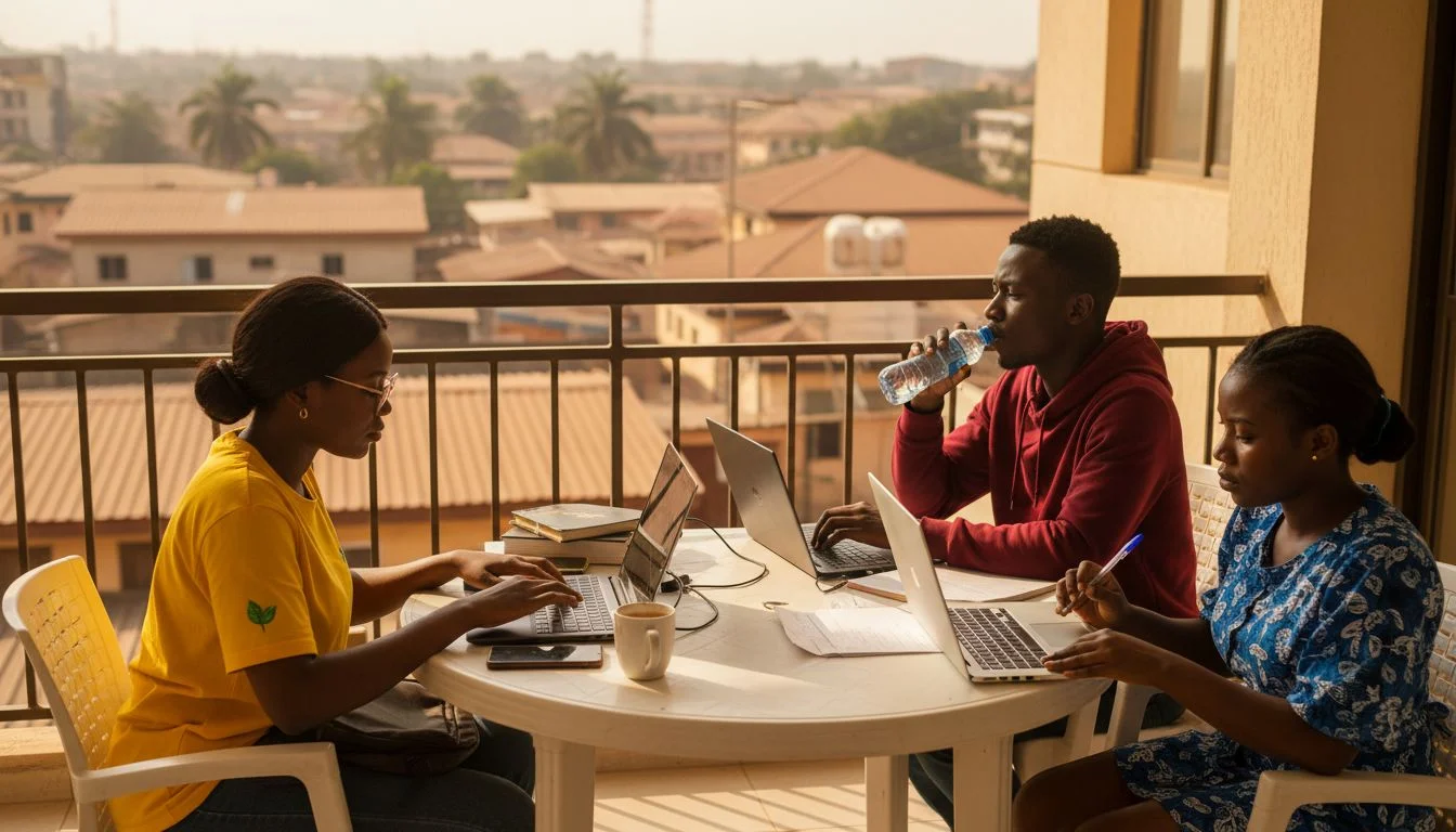 Nigerian students using laptops on balcony