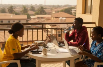 Nigerian students using laptops on balcony