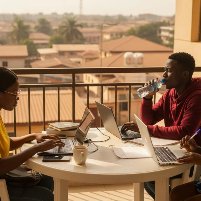 Nigerian students using laptops on balcony