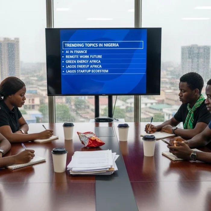Nigerian professionals discussing social media trends in office