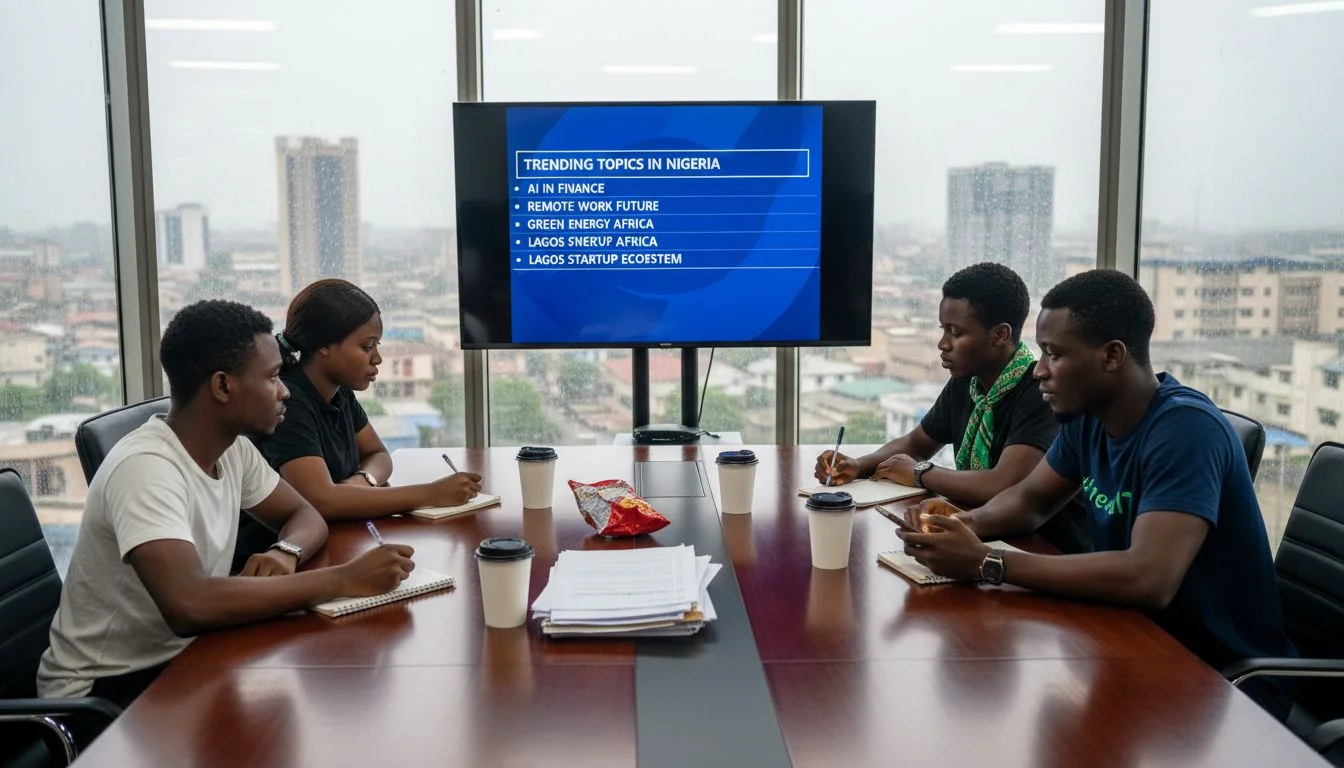 Nigerian professionals discussing social media trends in office