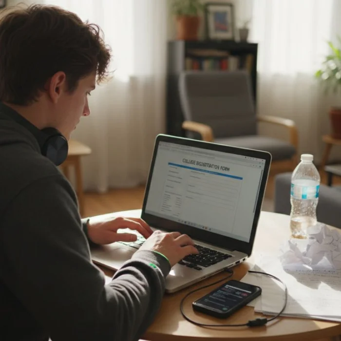Person completing community registration at laptop in living room