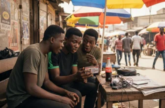 Young Nigerians share news by smartphone in market