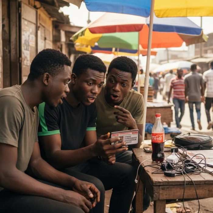 Young Nigerians share news by smartphone in market