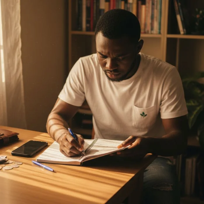 Young Nigerian man budgeting at home table