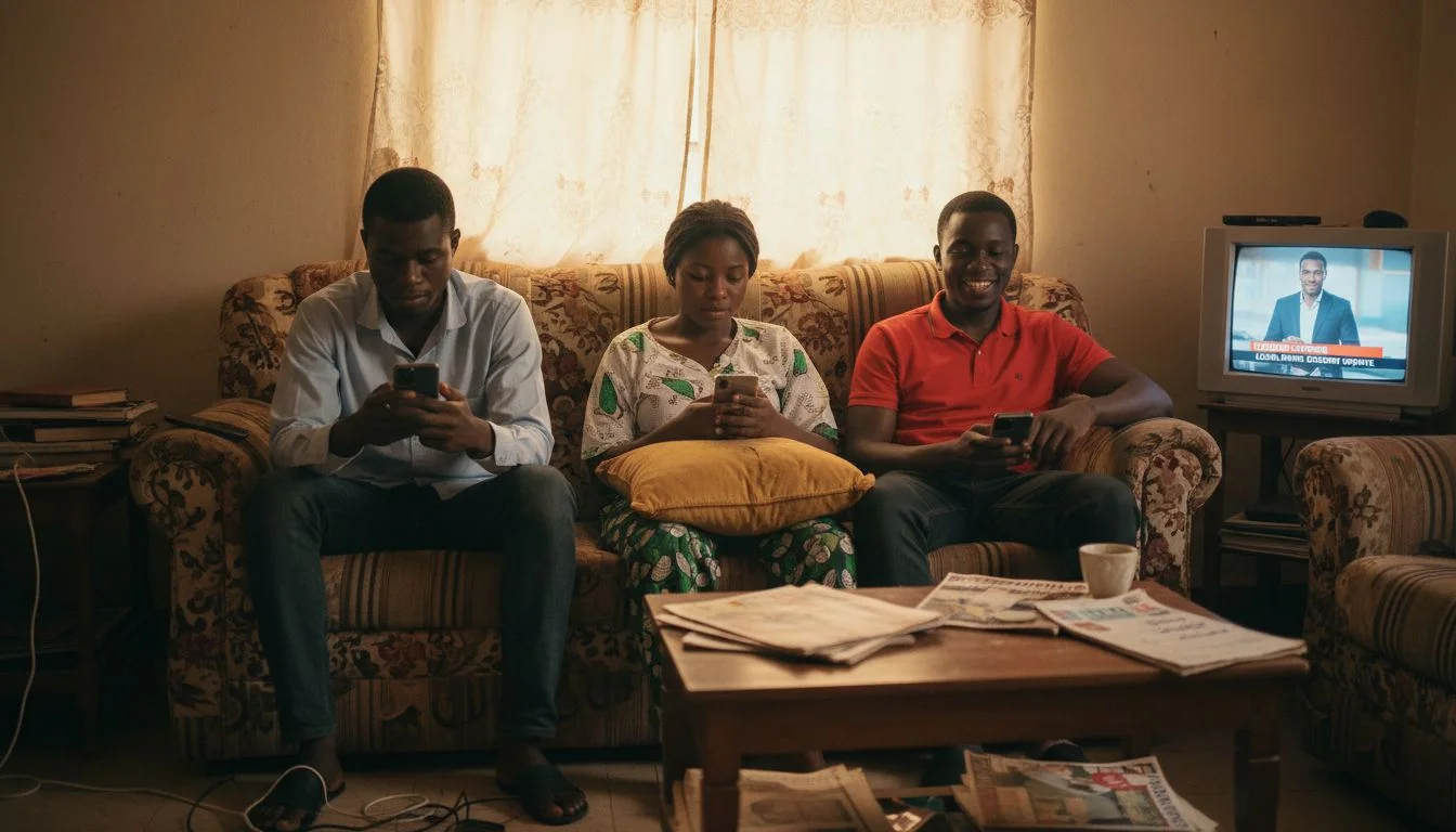 Nigerian adults using phones in cozy living room
