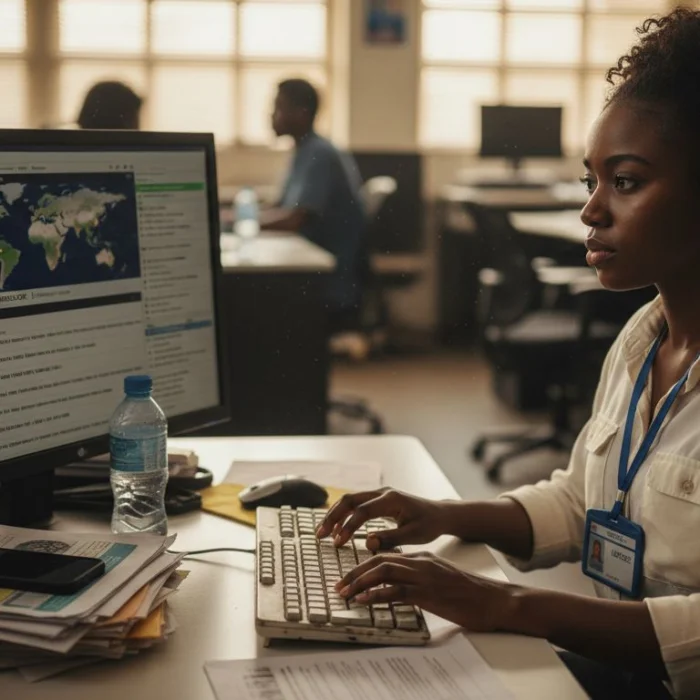 Journalist checking news on messy newsroom desk