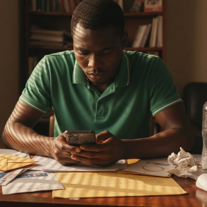 Nigerian millennial budgeting with bills and phone