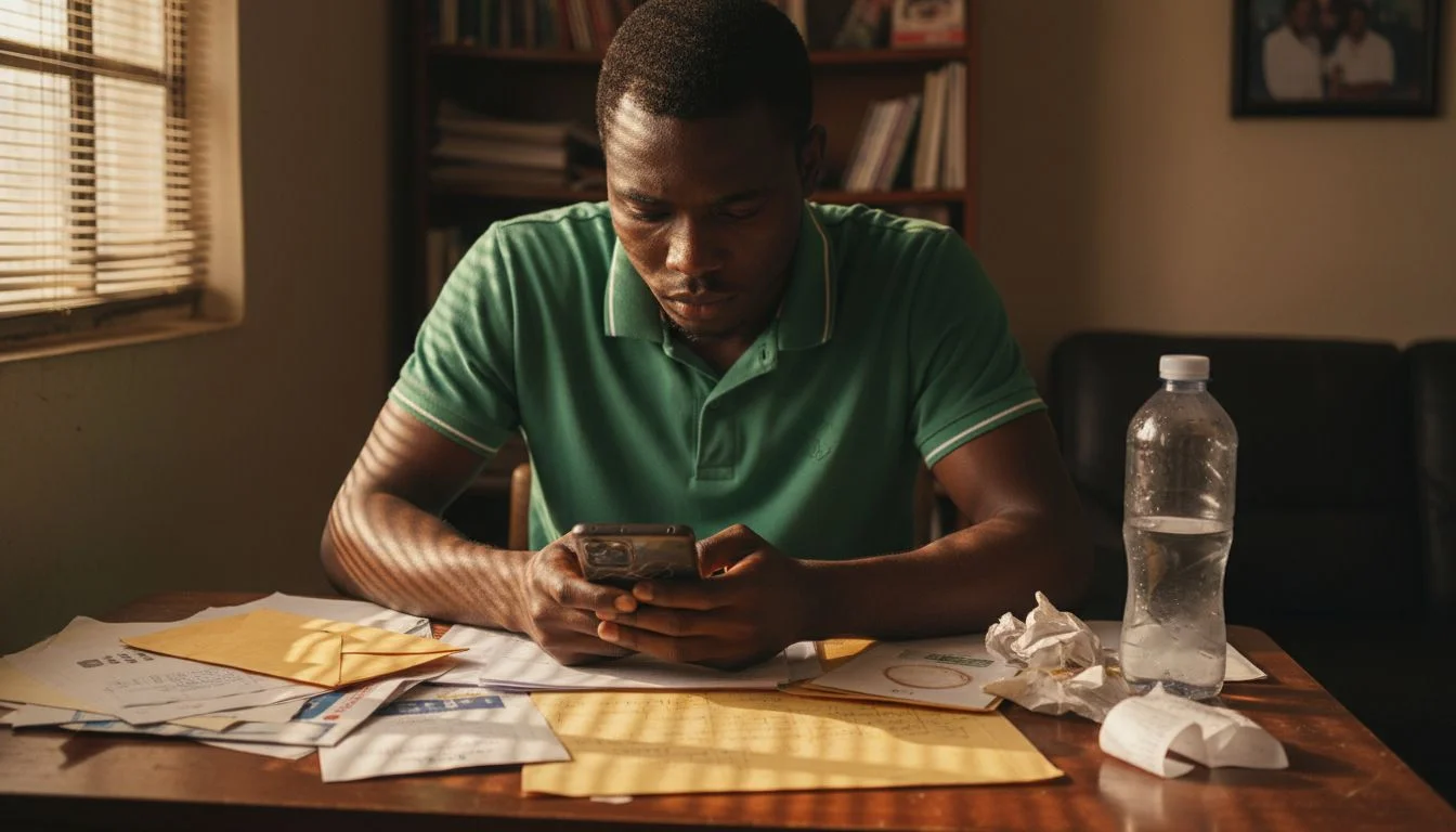 Nigerian millennial budgeting with bills and phone