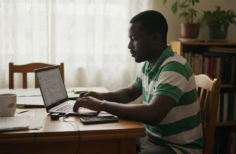 Nigerian man moderating online forum in apartment