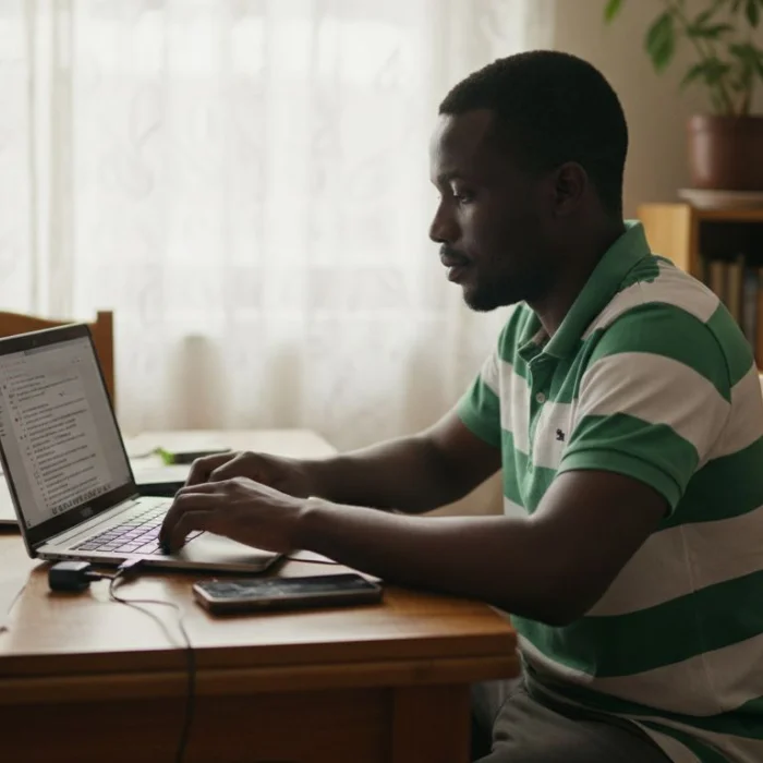 Nigerian man moderating online forum in apartment