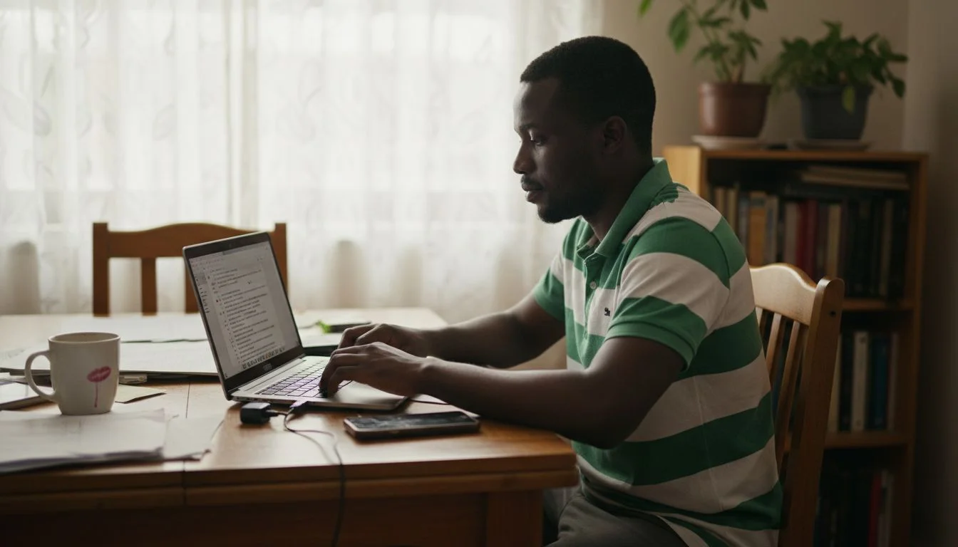 Nigerian man moderating online forum in apartment