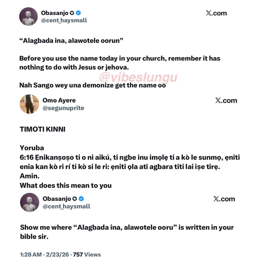 “Alágbádá ìná, aláwọ̀tẹ́lẹ̀ ọ̀run” sparks debate online as tweep claims the phra