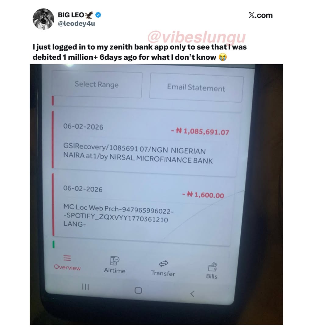 Logged into his Zenith Bank app only to see ₦1,085,691 debited 1 Logged into his Zenith Bank app thinking na normal day… only to see ₦1,085,691 d