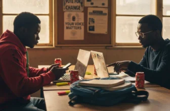 Nigerian students discussing politics online in cafeteria