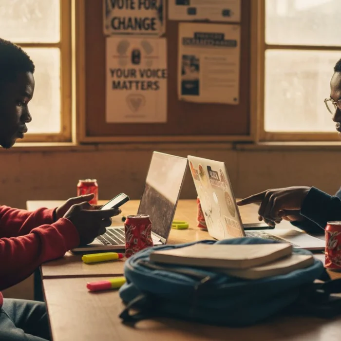 Nigerian students discussing politics online in cafeteria