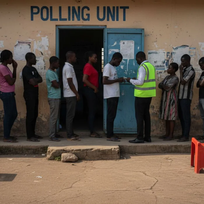 Nigerian voters waiting outside polling station