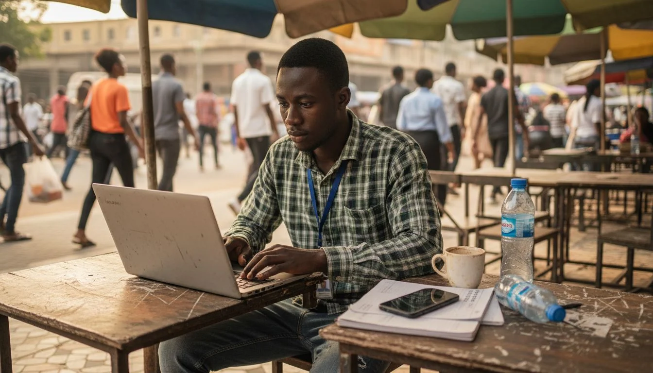 Young Nigerian man working at Lagos coworking cafe